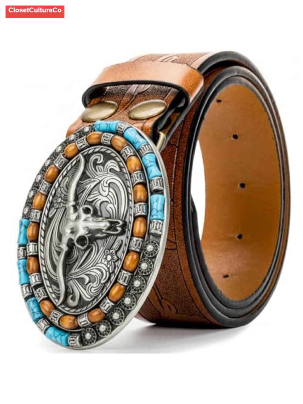 Western Leather Belt Turquoise Cow Head Buckle Cowgirl Waist